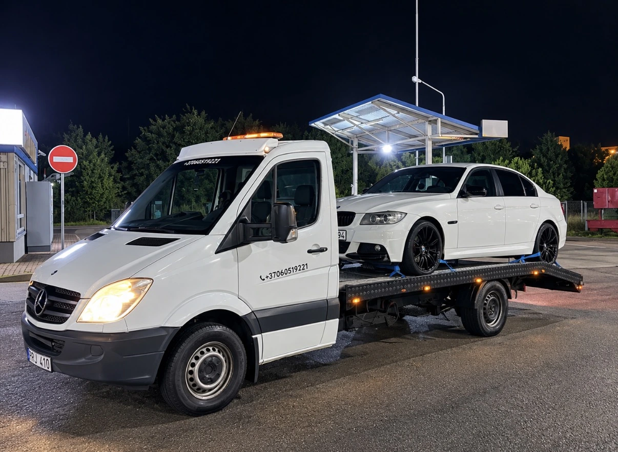 Tralas su baltu BMW naktį